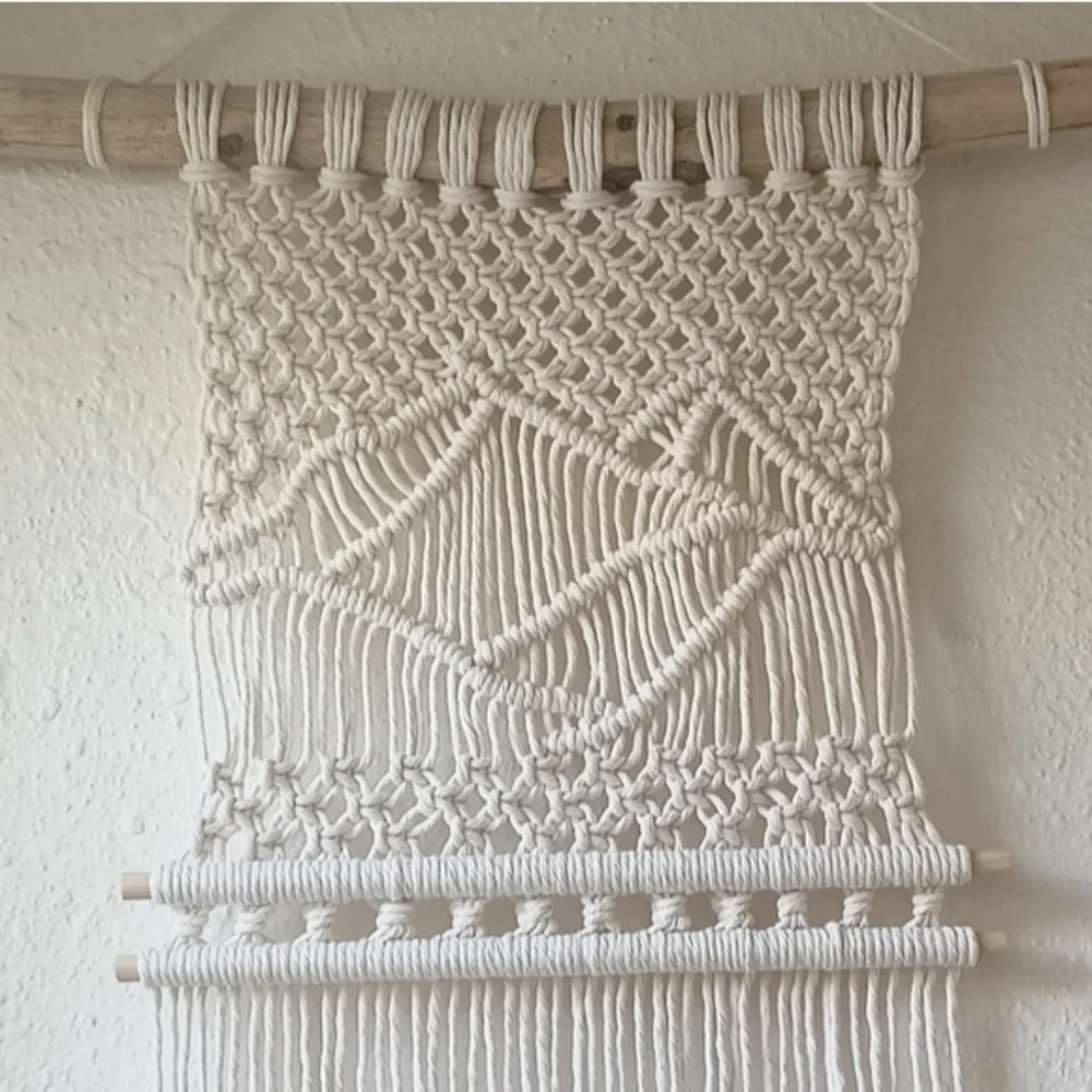 Handmade Macrame wall hanging Mountain scene on driftwood